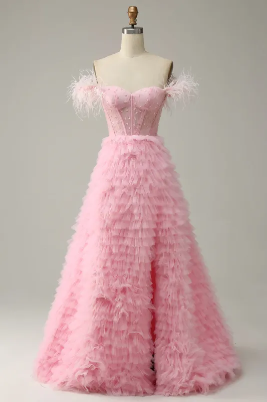 A Line Off the Shoulder Pink Corset Prom Dress with Ruffled Feathers sold by Zapaka