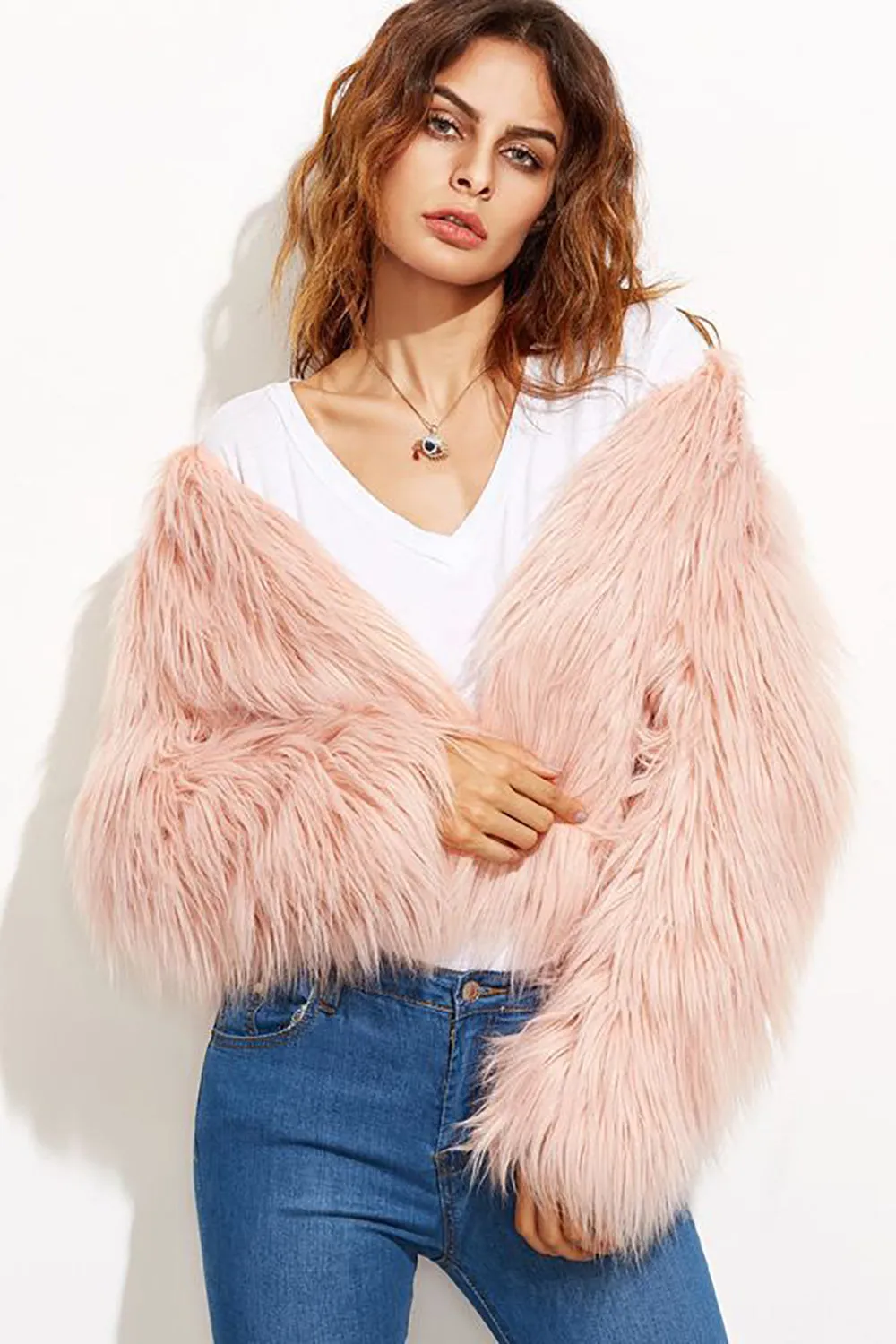 Pink Shawl Collar Cropped Faux Fur Shearling Coat sold by Zapaka