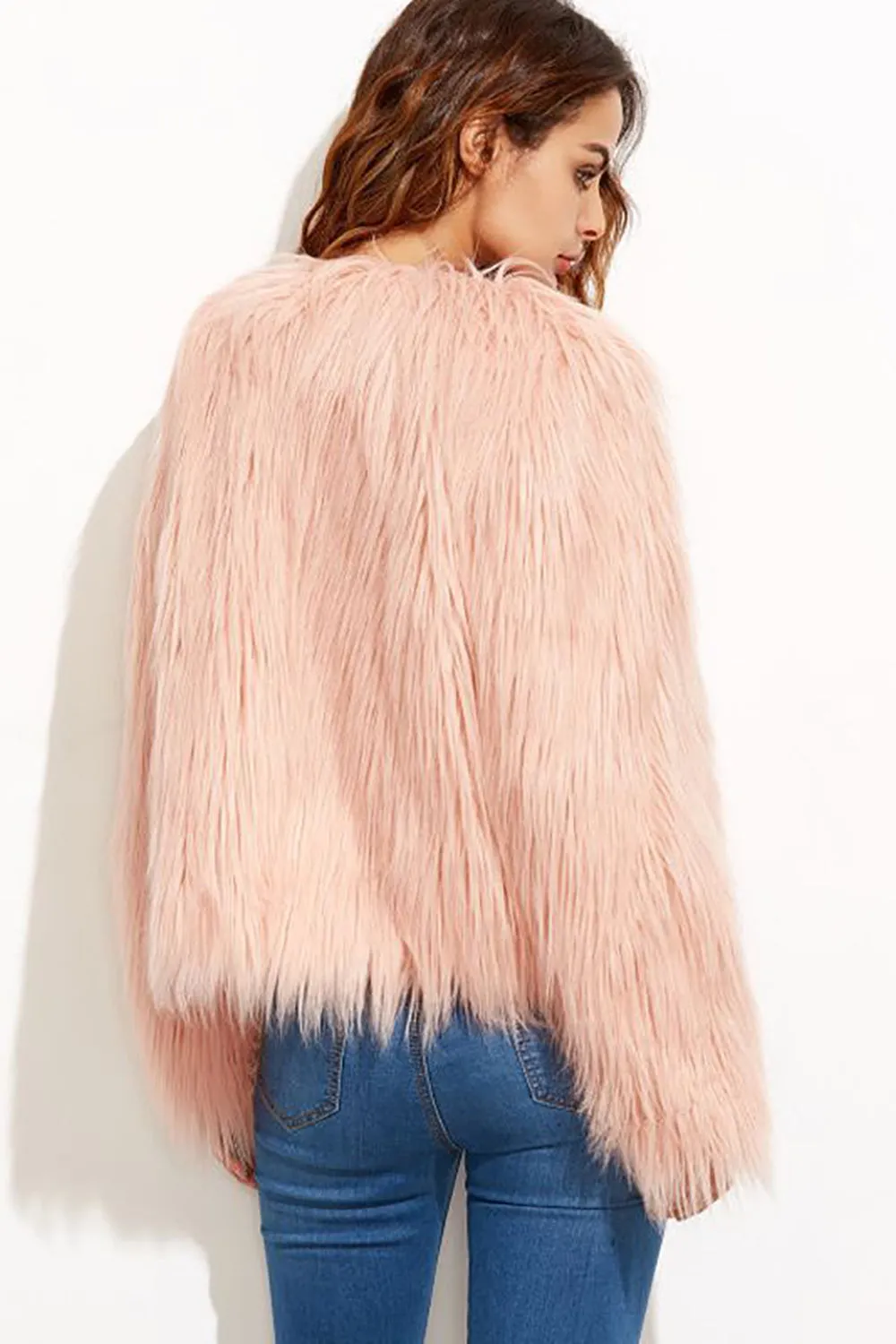 Pink Shawl Collar Cropped Faux Fur Shearling Coat sold by Zapaka product image thumbnail 2