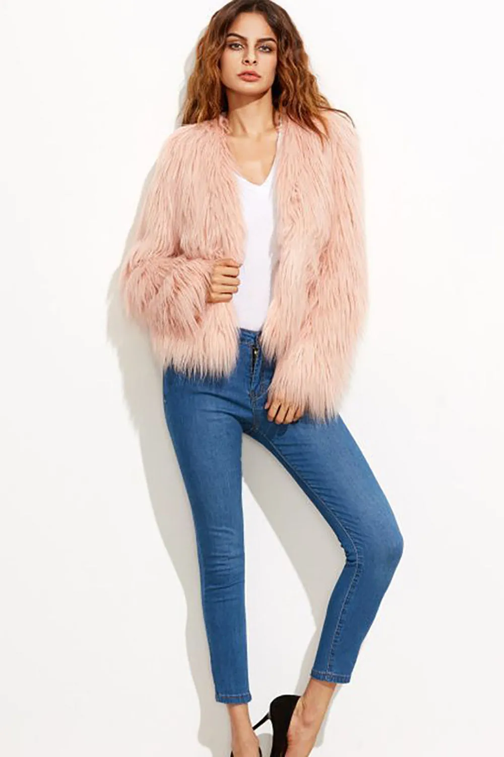 Pink Shawl Collar Cropped Faux Fur Shearling Coat sold by Zapaka product image thumbnail 3