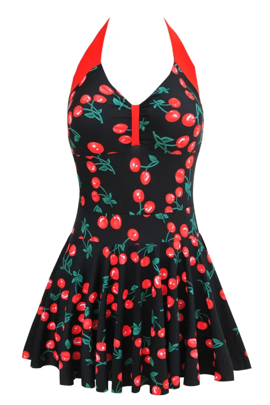 Plus Size Black and Red Cherry Printed Swimwear sold by Zapaka