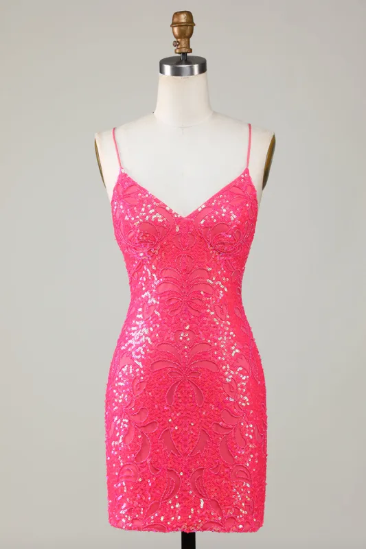 Unique Sparkly Fuchsia Beaded Tight Short Homecoming Dress sold by Zapaka
