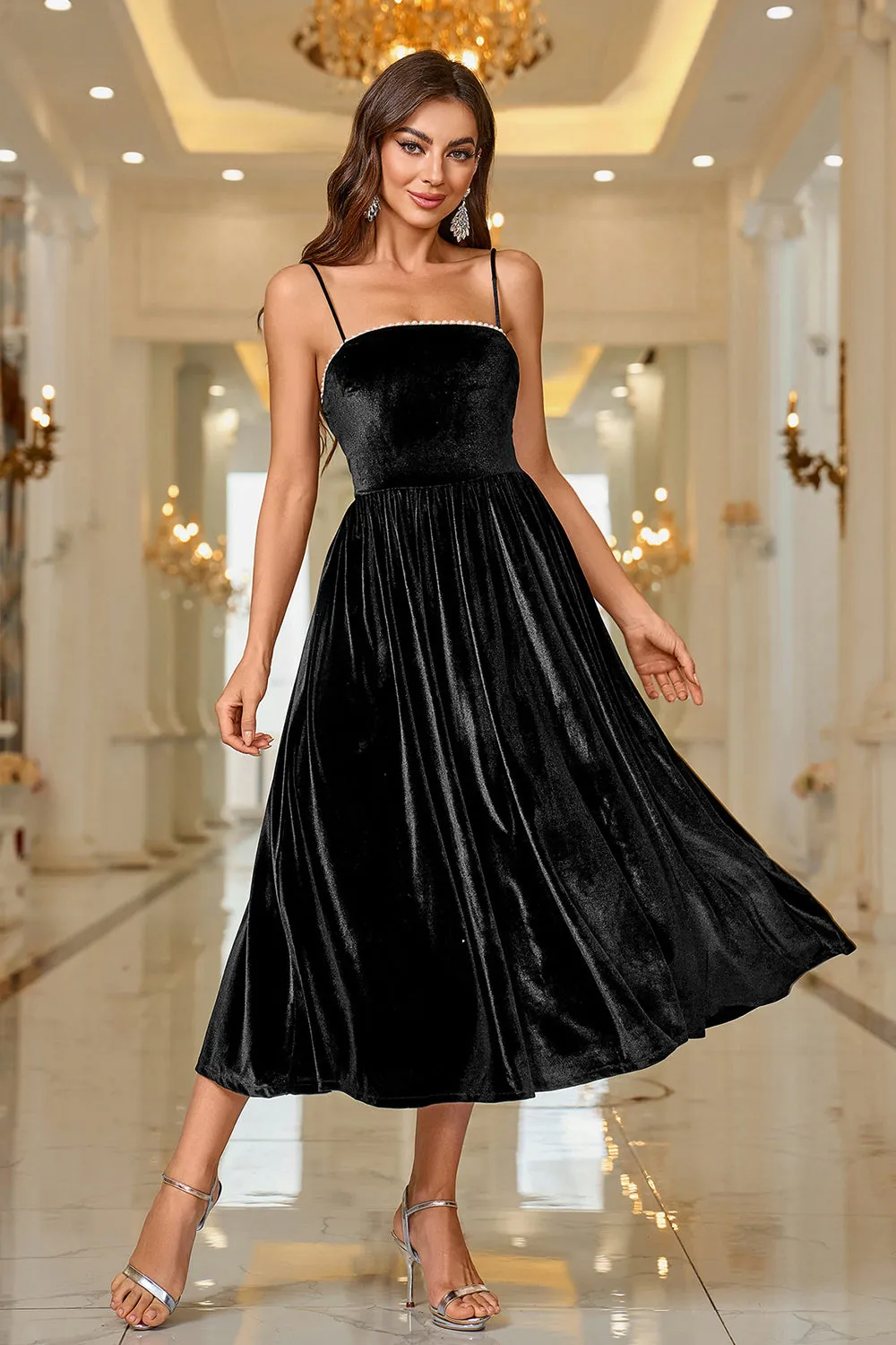 Black Velvet A Line Spaghetti Straps Tea Length Prom Dress sold by Zapaka product image thumbnail 4