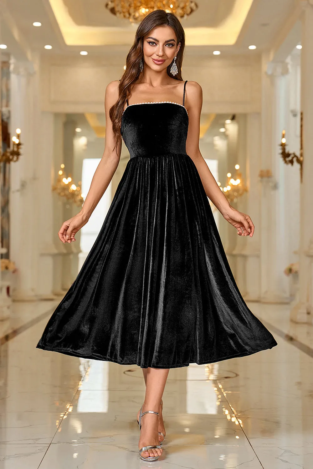 Black Velvet A Line Spaghetti Straps Tea Length Prom Dress sold by Zapaka