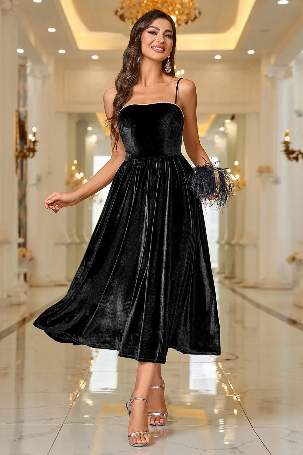 Black Velvet A Line Spaghetti Straps Tea Length Prom Dress sold by Zapaka product image thumbnail 5