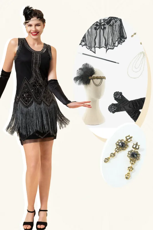 Black Fringes Sequined 1920s Flapper Dress with 20s Accessories Set sold by Zapaka