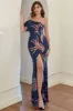 Navy One Shoulder Sequins Prom Dress with Slit sold by Zapaka