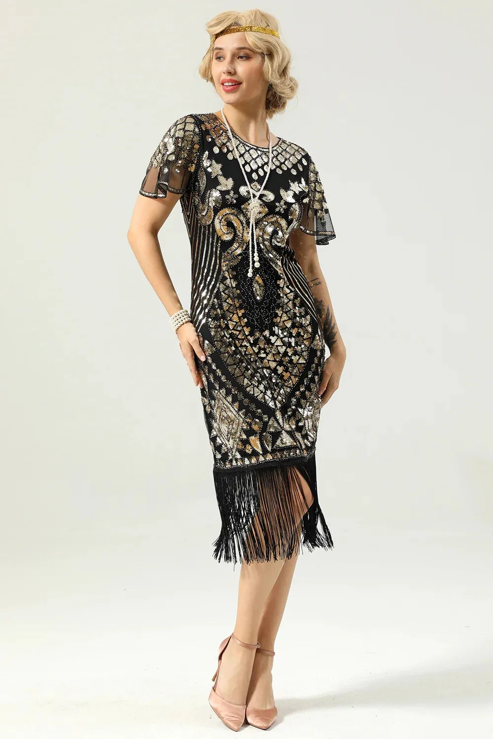 Black Sequins Fringed Cap Sleeves 1920s Dress with Accessories Set sold by Zapaka product image thumbnail 4