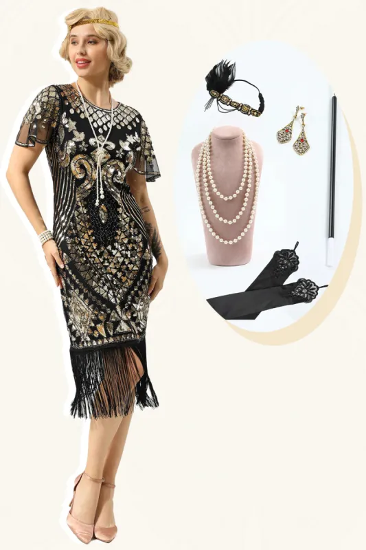 Black Sequins Fringed Cap Sleeves 1920s Dress with Accessories Set sold by Zapaka