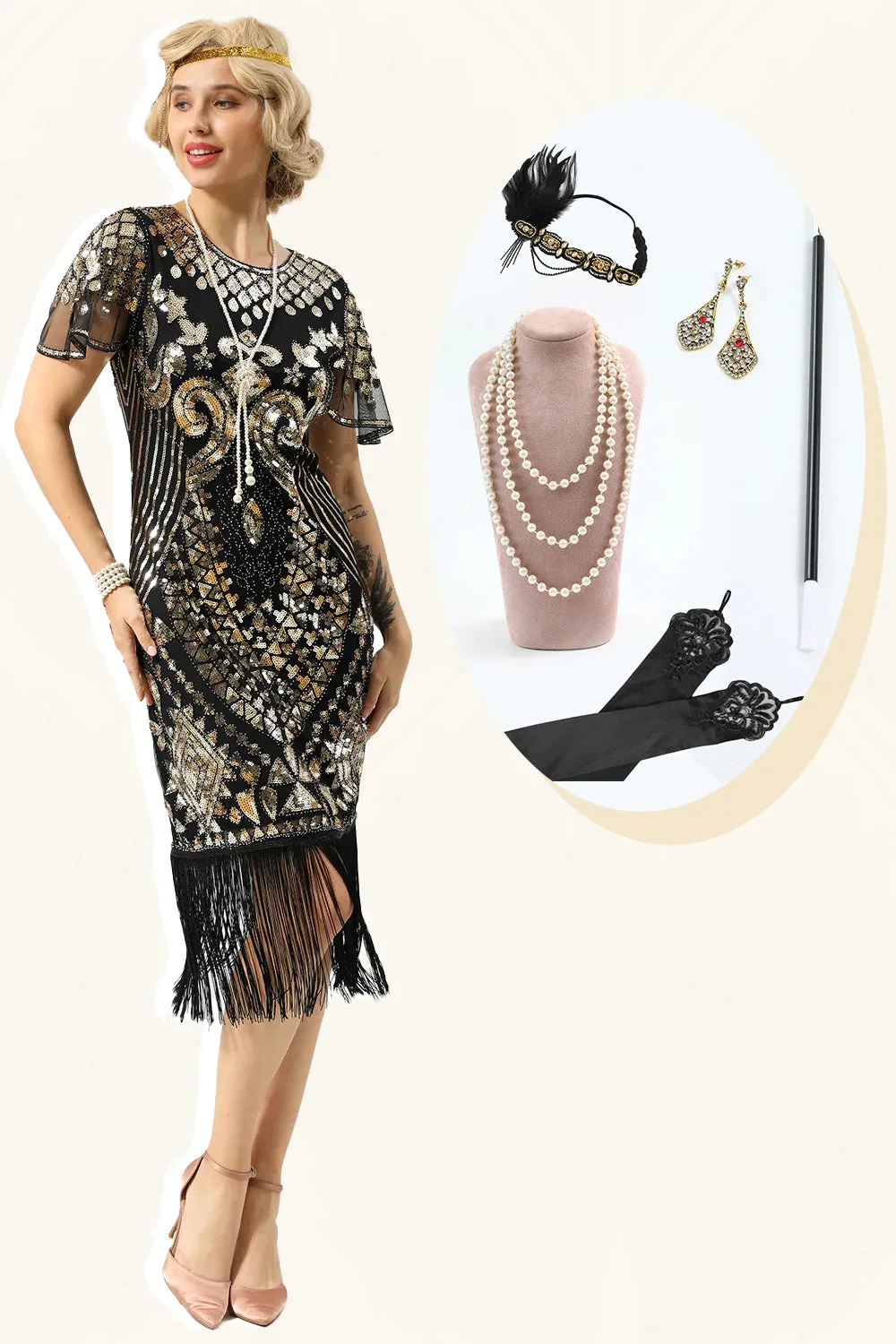 Black Sequins Fringed Cap Sleeves 1920s Dress with Accessories Set sold by Zapaka