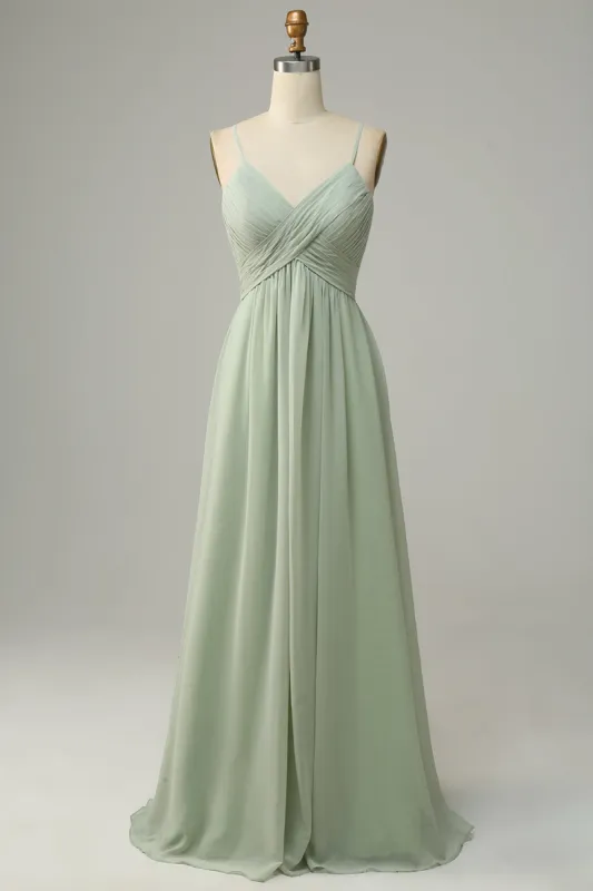 Spaghetti Straps Sleeveless Dusty Sage Bridesmaid Dress sold by Zapaka