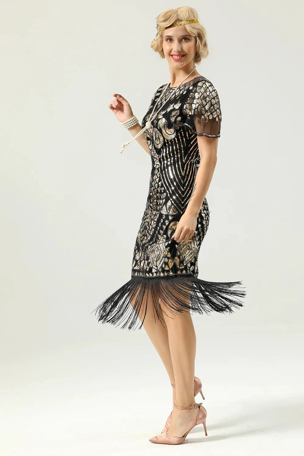 Black Sequins Fringed Cap Sleeves 1920s Dress with Accessories Set sold by Zapaka product image thumbnail 3