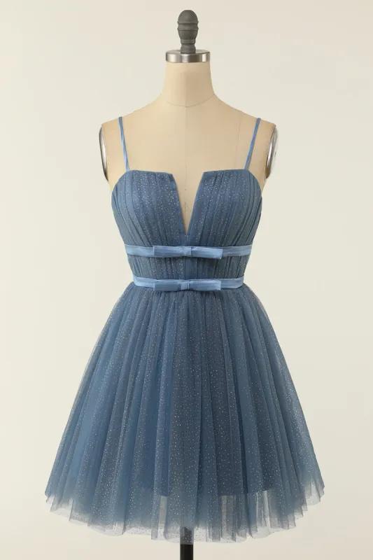 A Line Spaghetti Straps Blue Grey Short Homecoming Dress sold by Zapaka