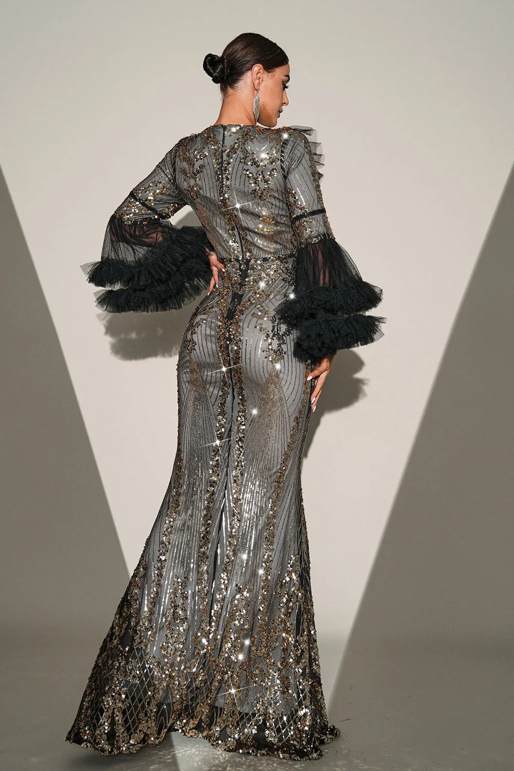 Sparkly Black Silver Mermaid Sequined Prom Dress With Long Sleeves sold by Zapaka product image thumbnail 2