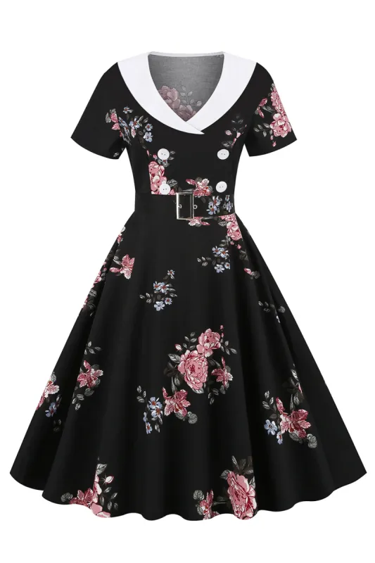 Black Floral Printed Vintage Dress With Belt sold by Zapaka