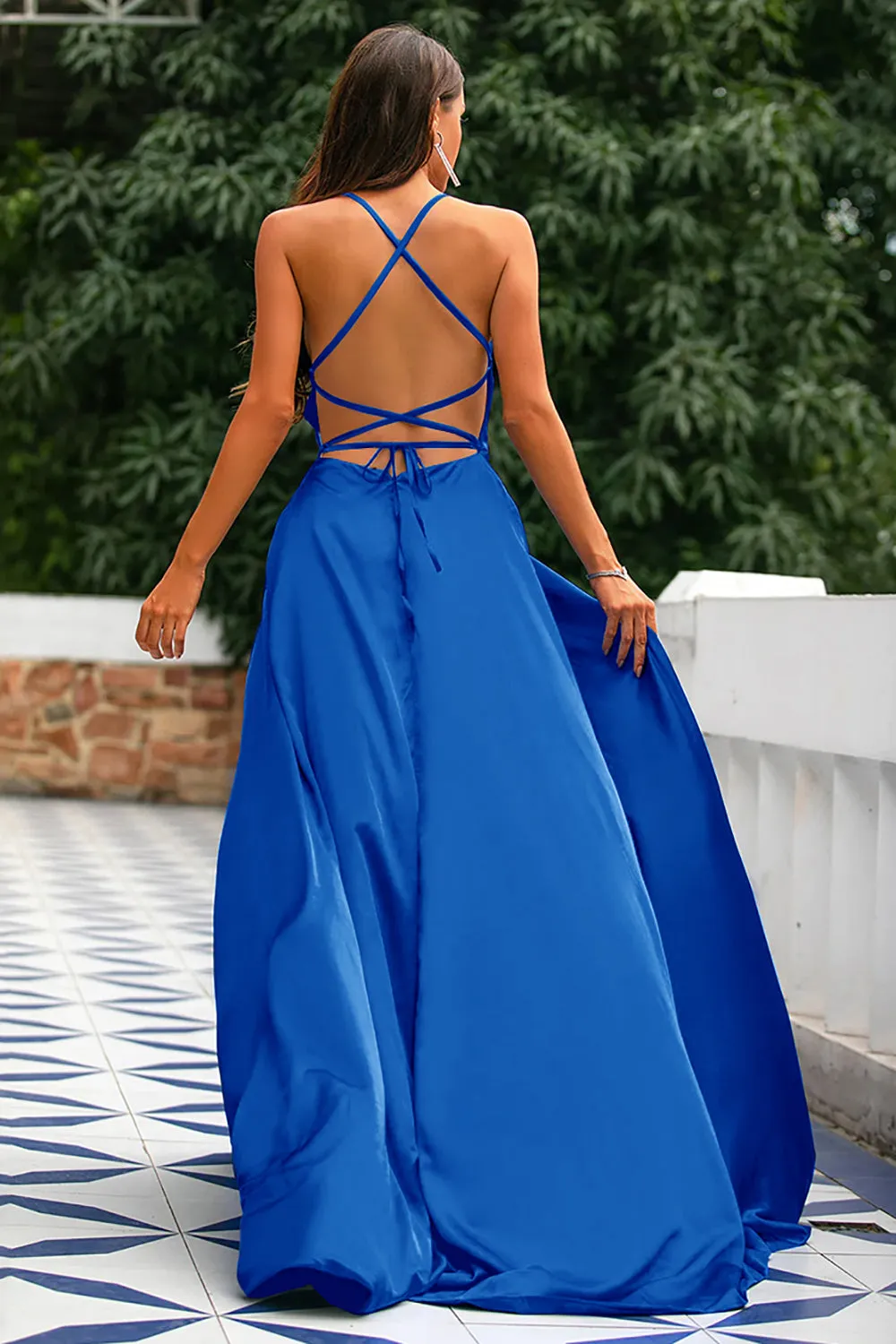 Royal Blue A-Line Spaghetti Straps Backless Long Satin Prom Dress with Slit sold by Zapaka product image thumbnail 2