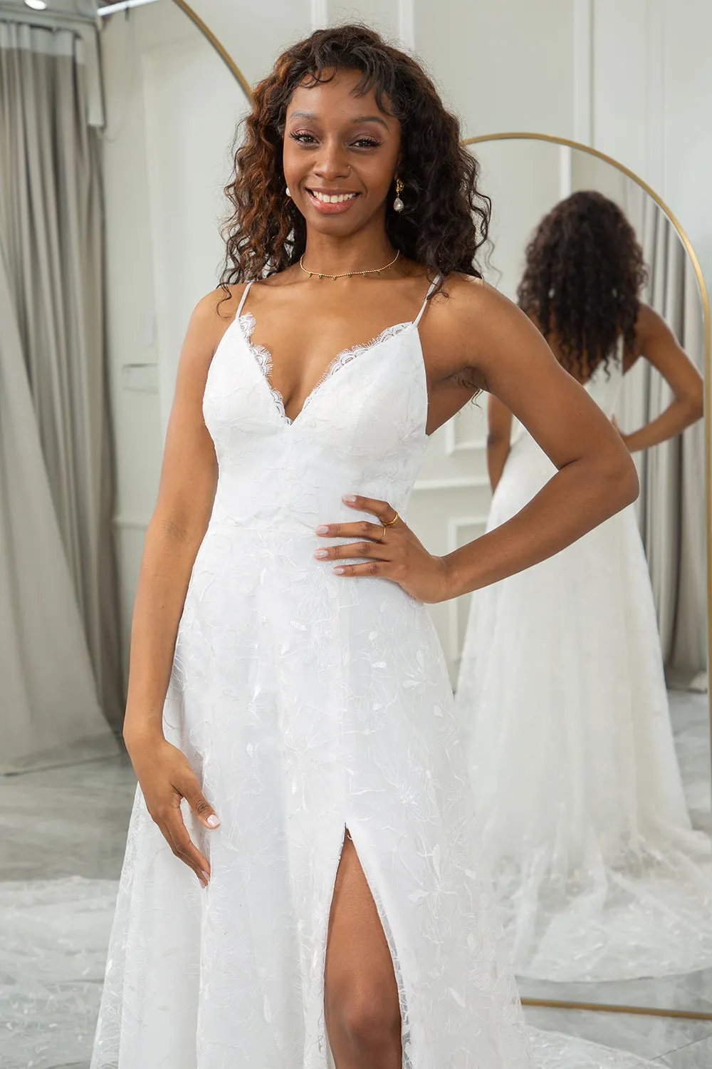 Ivory A-Line Sweep Train Lace Wedding Dress with Slit sold by Zapaka product image thumbnail 4