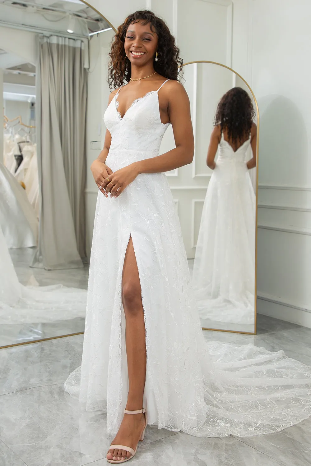 Ivory A-Line Sweep Train Lace Wedding Dress with Slit sold by Zapaka product image thumbnail 3
