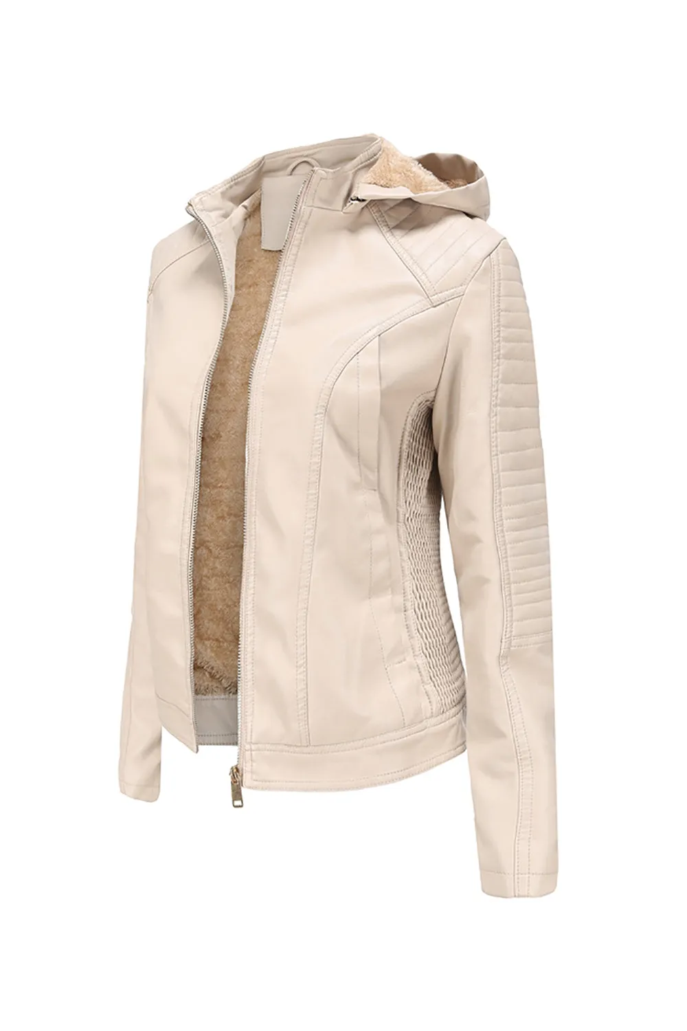 Apricot Hooded PU Zipper Front Women Jacket sold by Zapaka product image thumbnail 3