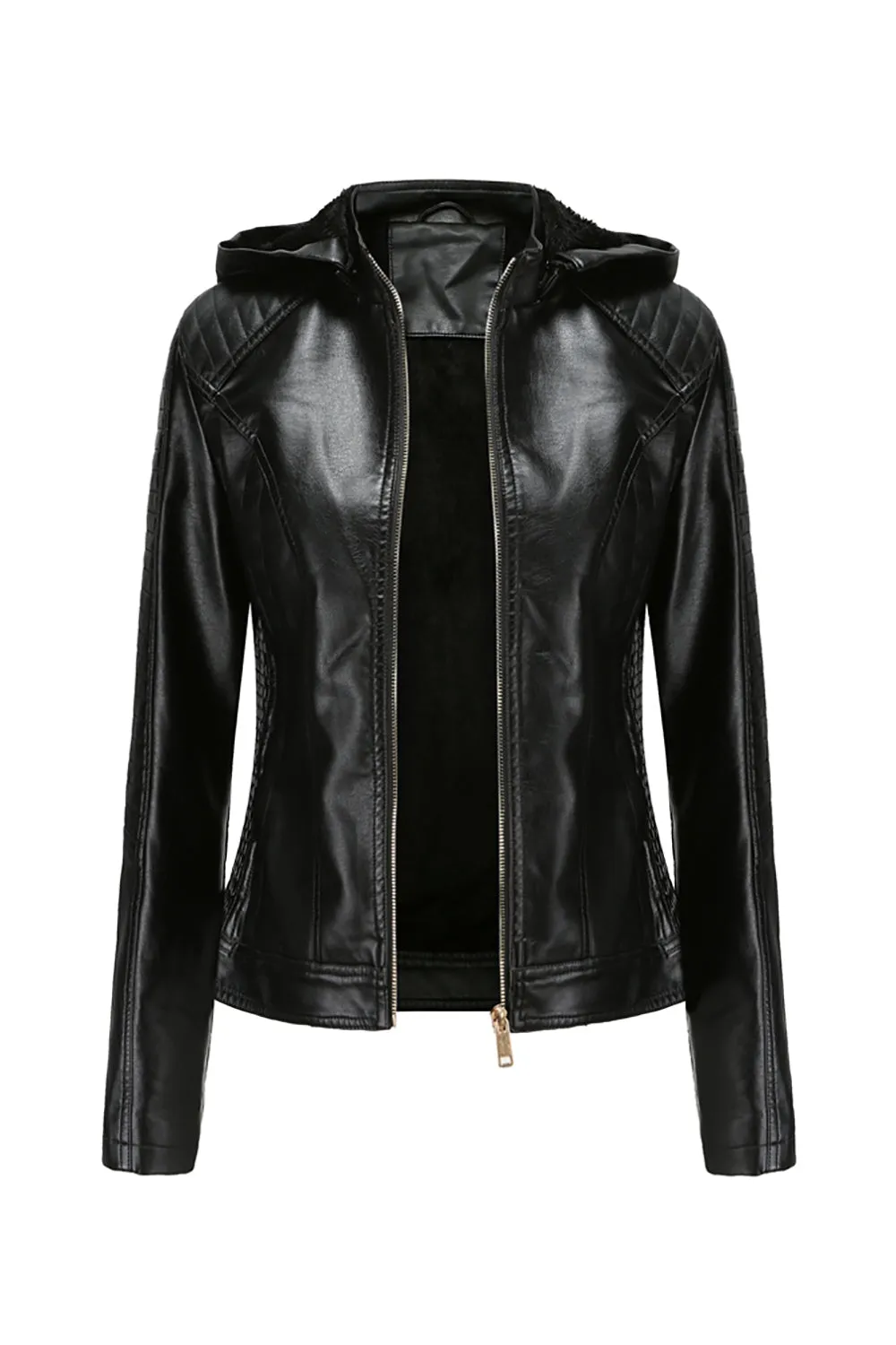 Apricot Hooded PU Zipper Front Women Jacket sold by Zapaka product image thumbnail 4