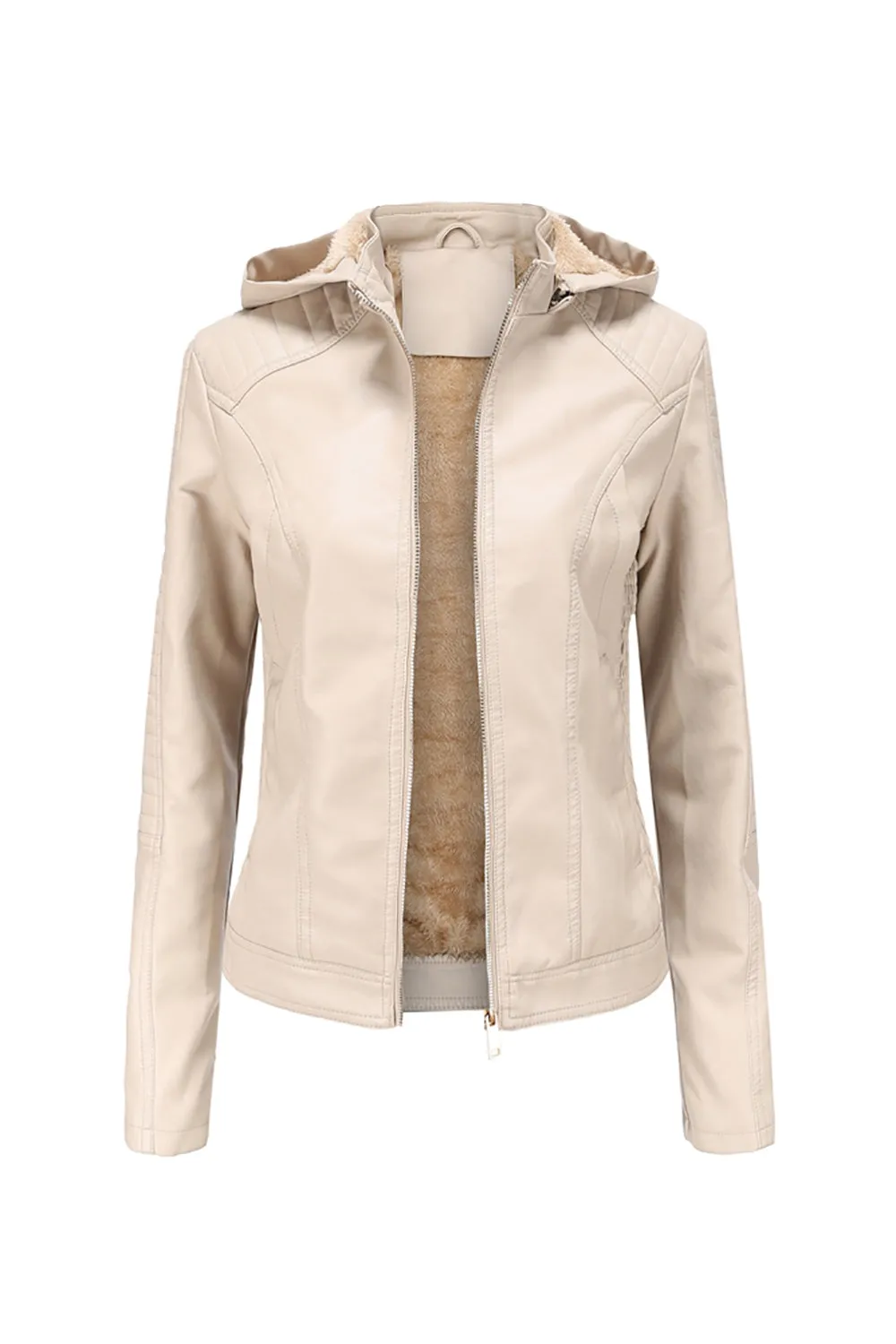 Apricot Hooded PU Zipper Front Women Jacket sold by Zapaka