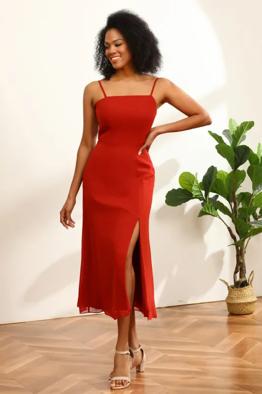 Red Chiffon Mid-Calf Bridesmaid Dress with Slit sold by Zapaka