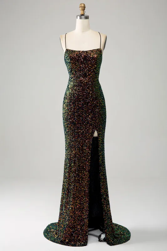 Glitter Black Spaghetti Straps Sequins Mermaid Prom Dress with Slit sold by Zapaka