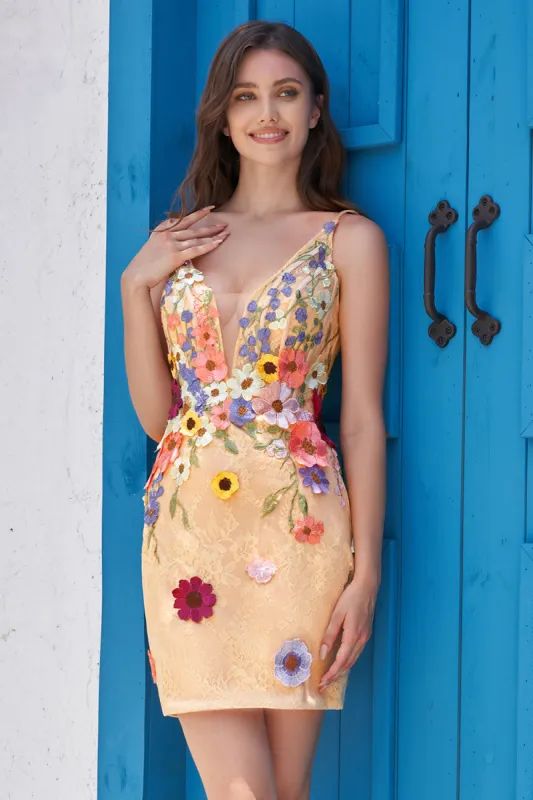 Deep V-Neck Champagne Short Homecoming Dress sold by Zapaka