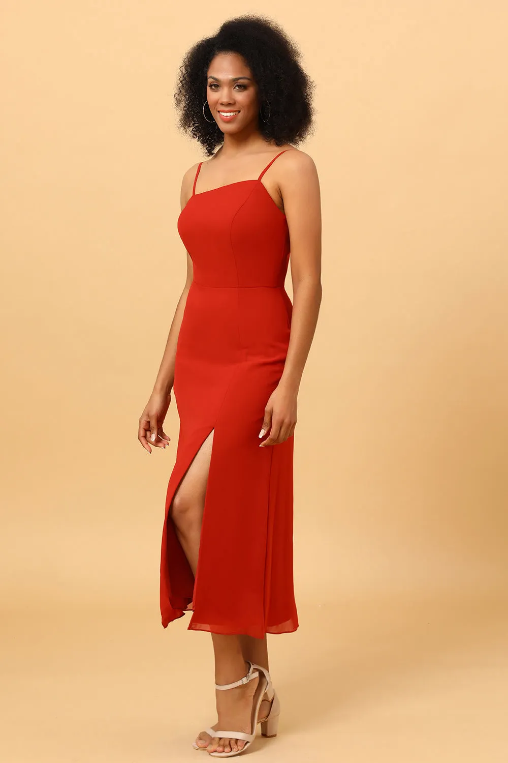 Red Chiffon Mid-Calf Bridesmaid Dress with Slit sold by Zapaka product image thumbnail 5