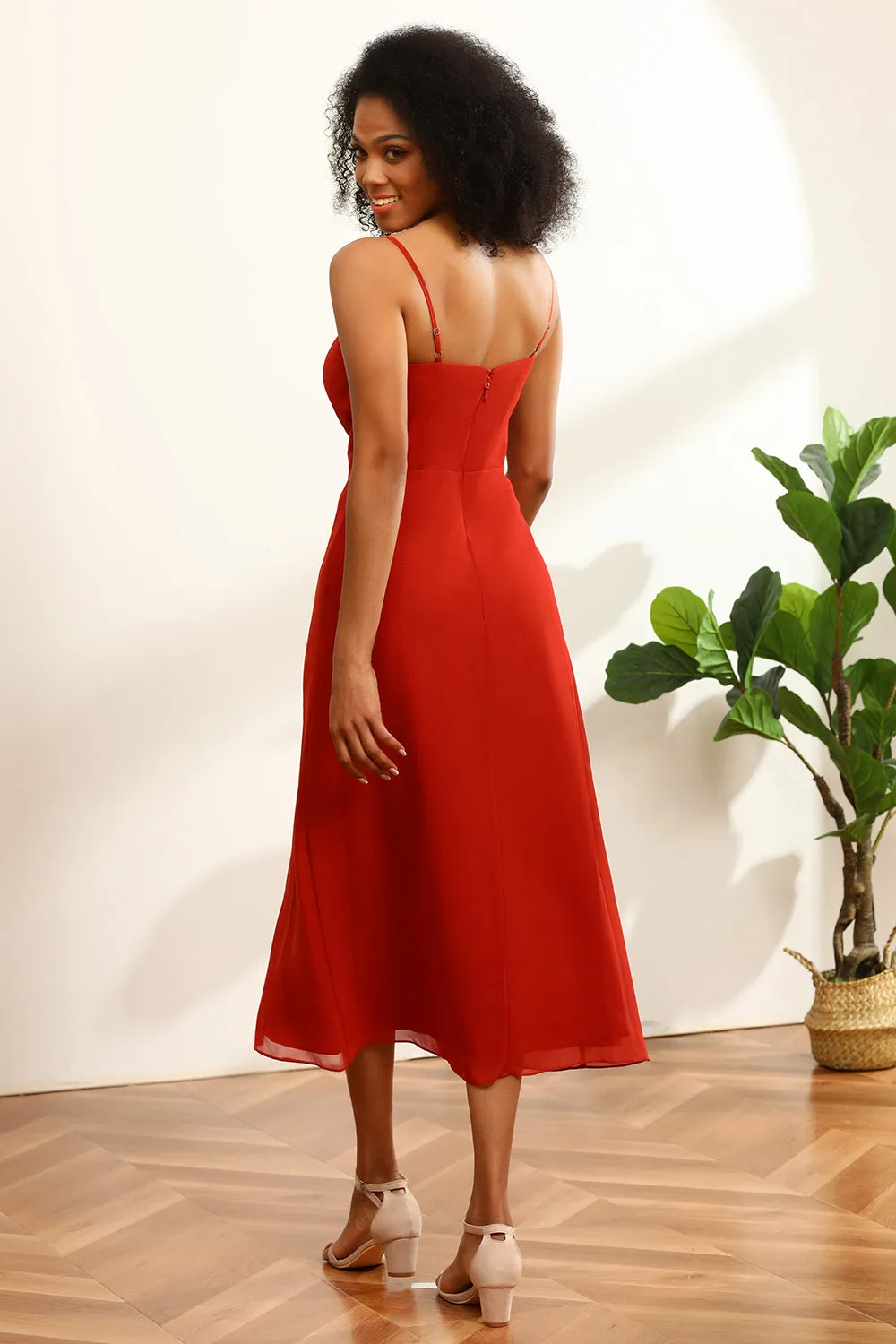 Red Chiffon Mid-Calf Bridesmaid Dress with Slit sold by Zapaka product image thumbnail 2