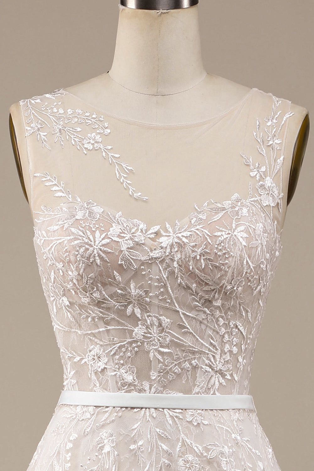 Champagne Tulle A-Line Sweep Train Wedding Dress with Lace sold by Zapaka product image thumbnail 4