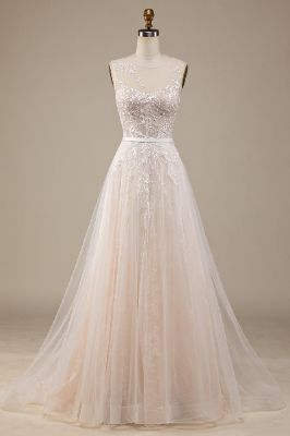 Champagne Tulle A-Line Sweep Train Wedding Dress with Lace sold by Zapaka