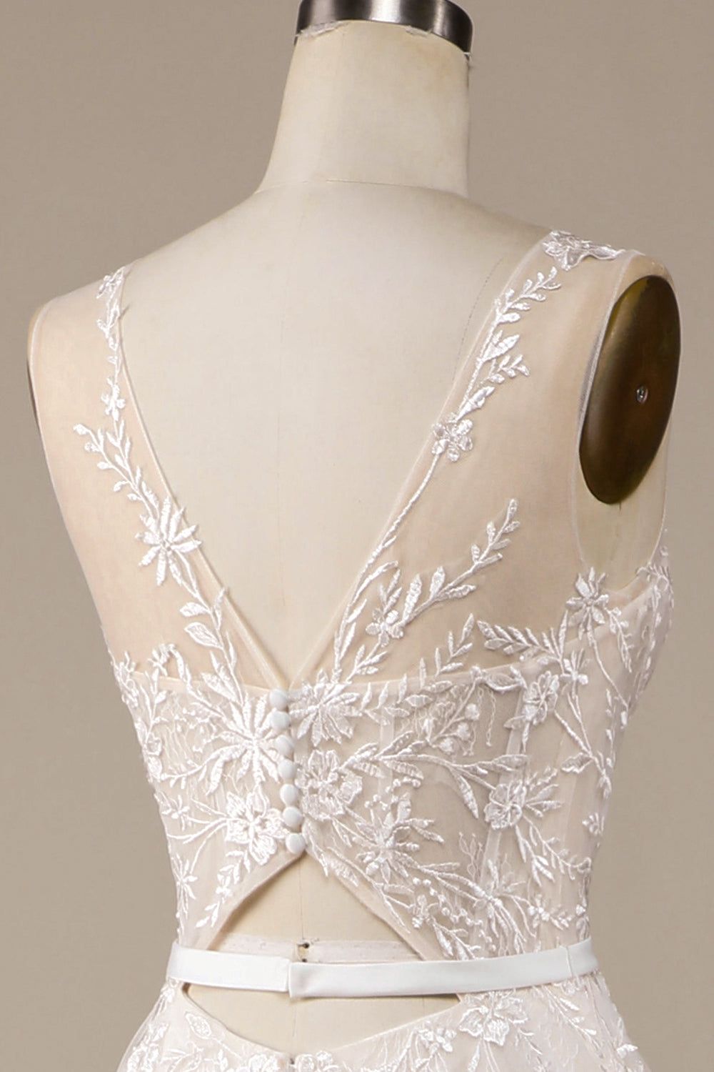 Champagne Tulle A-Line Sweep Train Wedding Dress with Lace sold by Zapaka product image thumbnail 5
