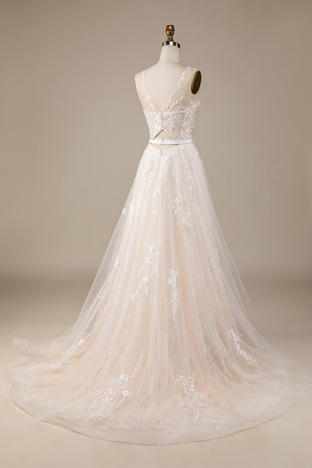 Champagne Tulle A-Line Sweep Train Wedding Dress with Lace sold by Zapaka product image thumbnail 2