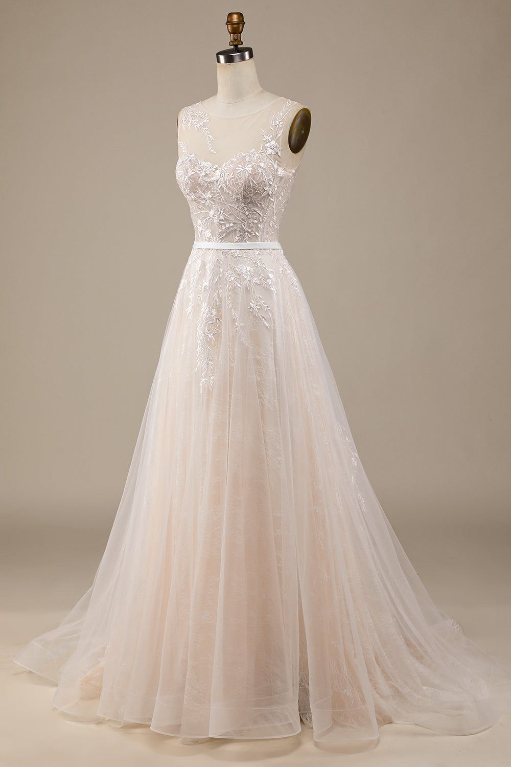 Champagne Tulle A-Line Sweep Train Wedding Dress with Lace sold by Zapaka product image thumbnail 3