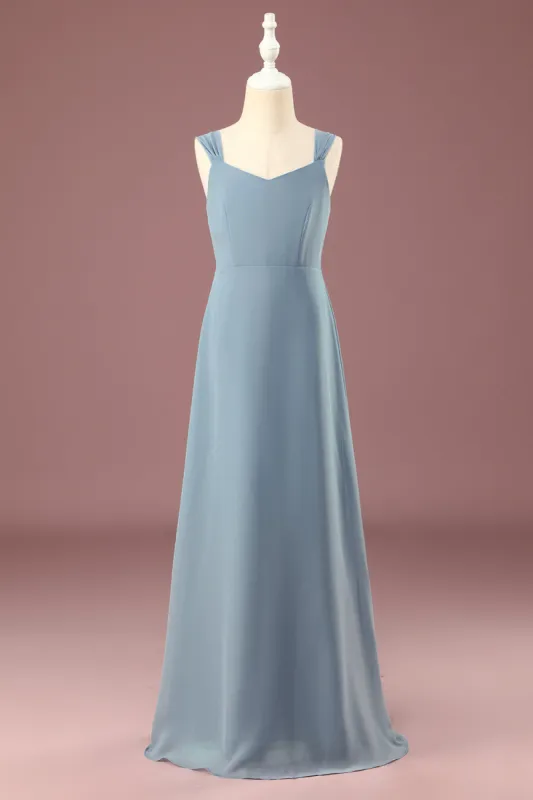 Dusty Blue Chiffon A-line V-neck Junior Bridesmaid Dress sold by Zapaka
