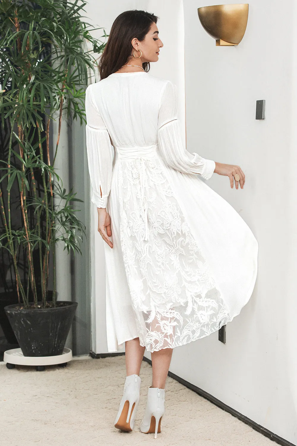 White Boho Long Sleeves Engagement Party Dress with Lace sold by Zapaka product image thumbnail 2