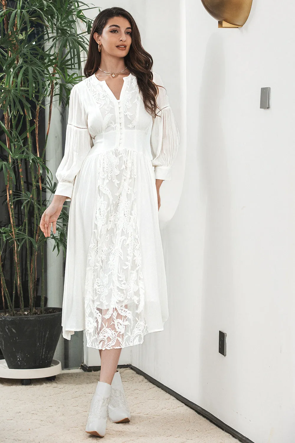 White Boho Long Sleeves Engagement Party Dress with Lace sold by Zapaka product image thumbnail 4