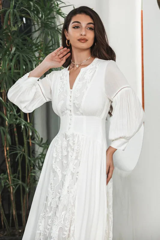 White Boho Long Sleeves Engagement Party Dress with Lace | Parallel White Boho Long Sleeves Engagement Party Dress with Lace | Parallel