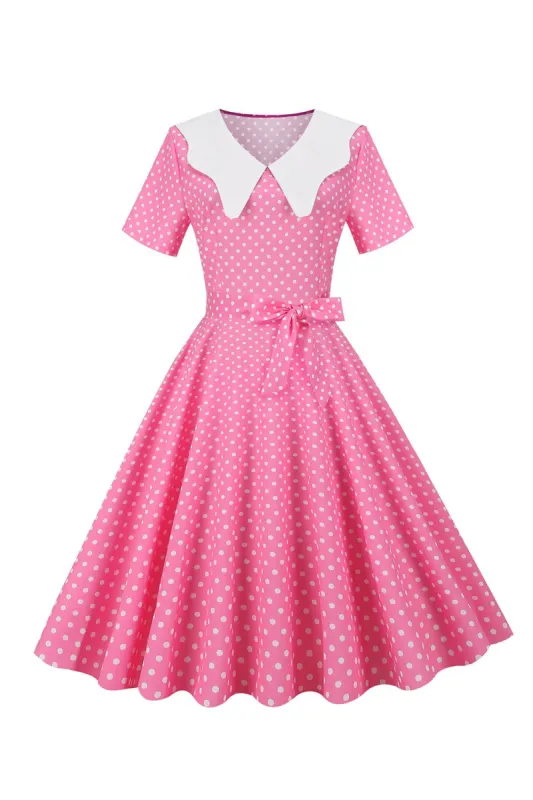 Pink Polka Dot Short Sleeves Peter Pan Vintage Dress sold by Zapaka