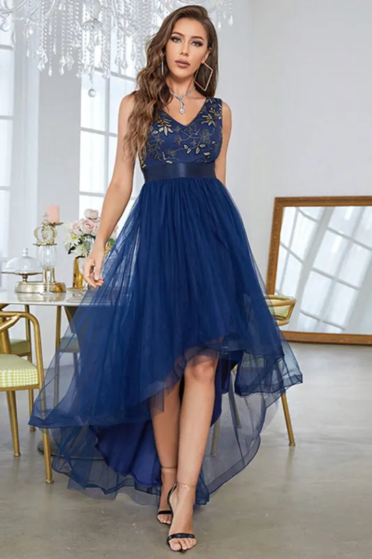 Dark Blue Asymmetrical A-Line V-Neck Prom Dress With Sleeveless made by Zapaka