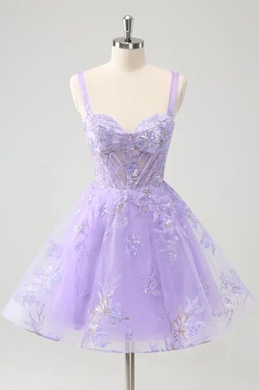 Lilac A-Line Corset Embroidered Homecoming Dress with Sequins sold by Zapaka