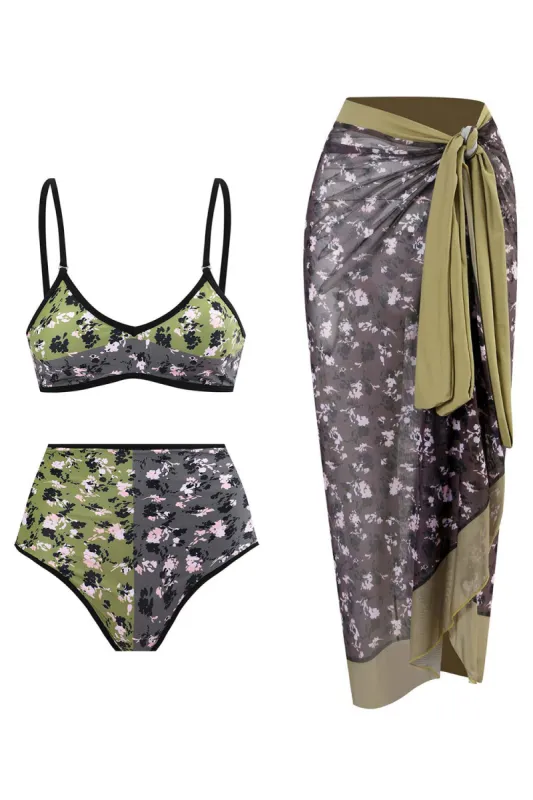 Floral Printed 3 Piece Bikini Set with Beach Skirt sold by Zapaka