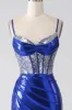 Royal Blue Mermaid Sparkly Sequin Pleated Corset Prom Dress With Slit sold by Zapaka