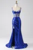 Royal Blue Mermaid Sparkly Sequin Pleated Corset Prom Dress With Slit sold by Zapaka