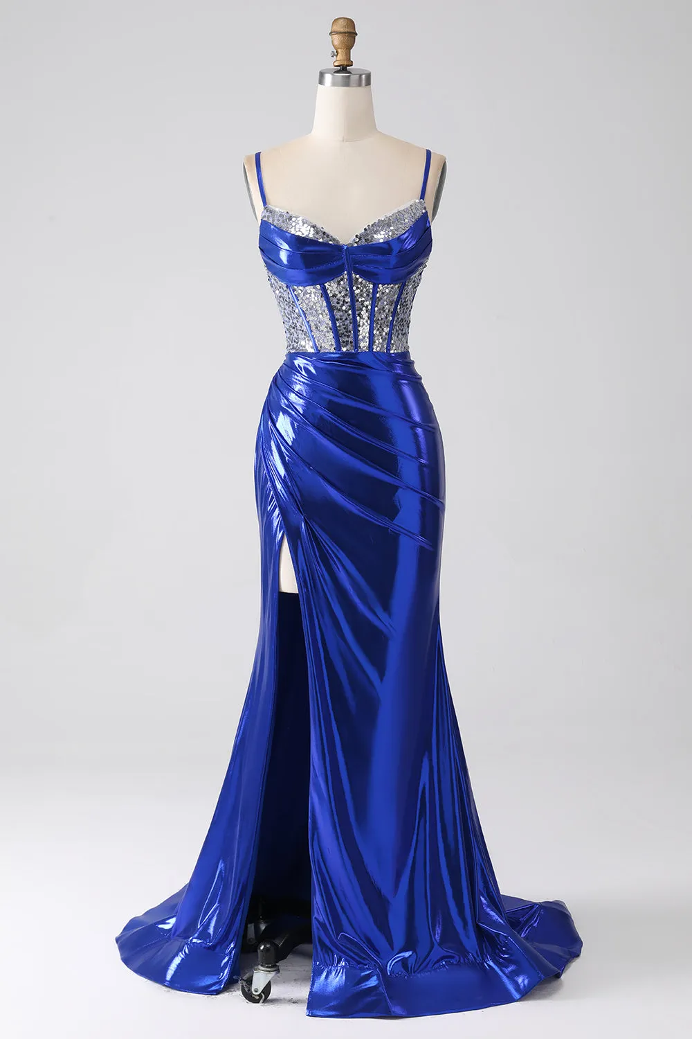 Royal Blue Mermaid Sparkly Sequin Pleated Corset Prom Dress With Slit sold by Zapaka