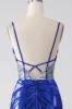 Royal Blue Mermaid Sparkly Sequin Pleated Corset Prom Dress With Slit sold by Zapaka
