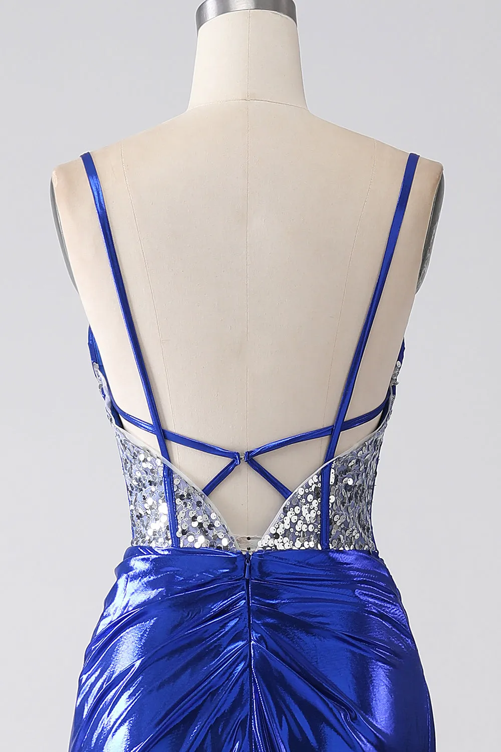 Royal Blue Mermaid Sparkly Sequin Pleated Corset Prom Dress With Slit sold by Zapaka product image thumbnail 5