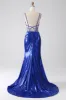 Royal Blue Mermaid Sparkly Sequin Pleated Corset Prom Dress With Slit sold by Zapaka