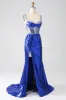 Royal Blue Mermaid Sparkly Sequin Pleated Corset Prom Dress With Slit sold by Zapaka